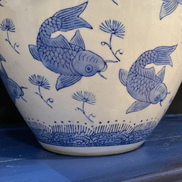 Vintage Chinese Blue & White Koi Fish porcelain vase